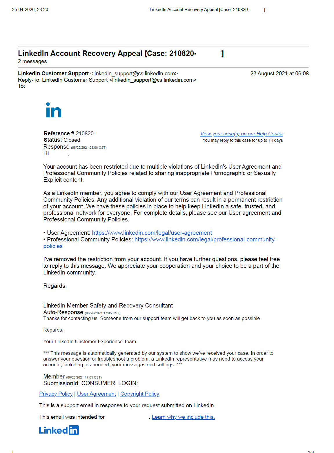 LinkedIn Account Recovery Appeal — restriction notice, 23 August 2021, redacted